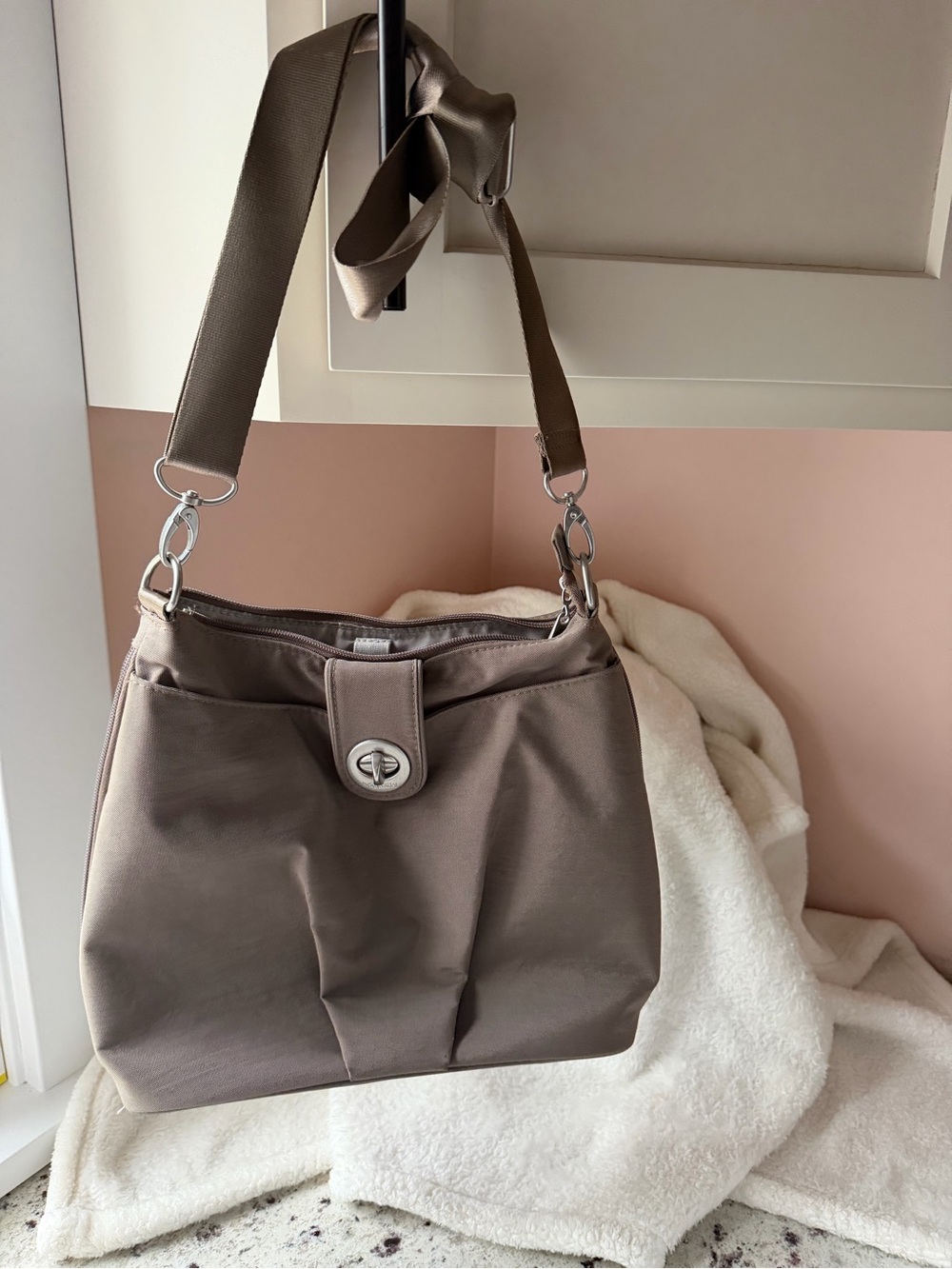 Baggallini Taupe Shoulder Bag with Turn-Lock Flap